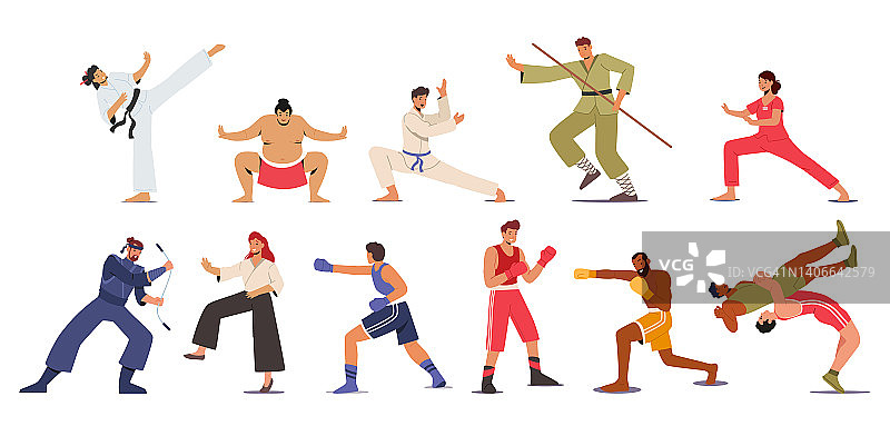 设置武术，体育竞赛，人物呈现不同的格斗空手道，相扑，Bojutsu，拳击或摔跤图片素材