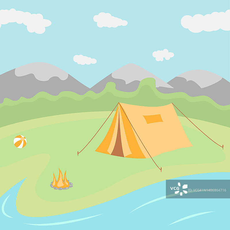 帐篷在河岸上。在湖边的大自然中休闲。露营。火是燃烧。旅游业。山的风景。平面向量插图图片素材