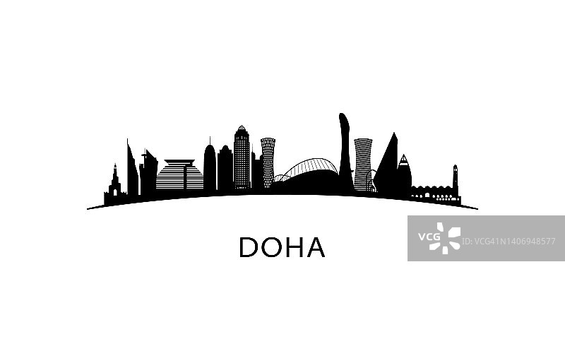 多哈城市天际线。黑色城市景观孤立在白色背景上。向量旗帜。图片素材
