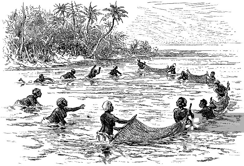 斐济，19世纪，14名妇女在捕鱼时被捕并被判食人图片素材