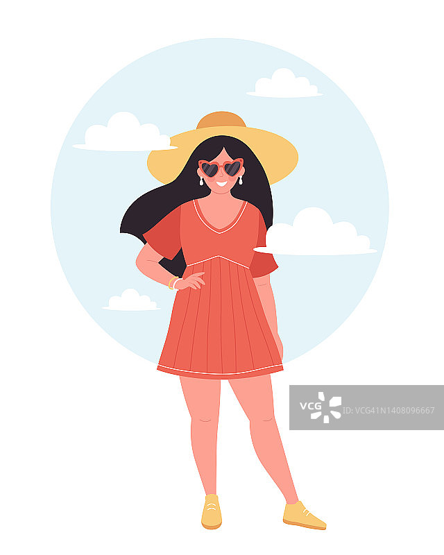 女人在热带树叶背景的帽子和复古眼镜。你好，夏天，夏天的时间，假期。手绘矢量插图图片素材