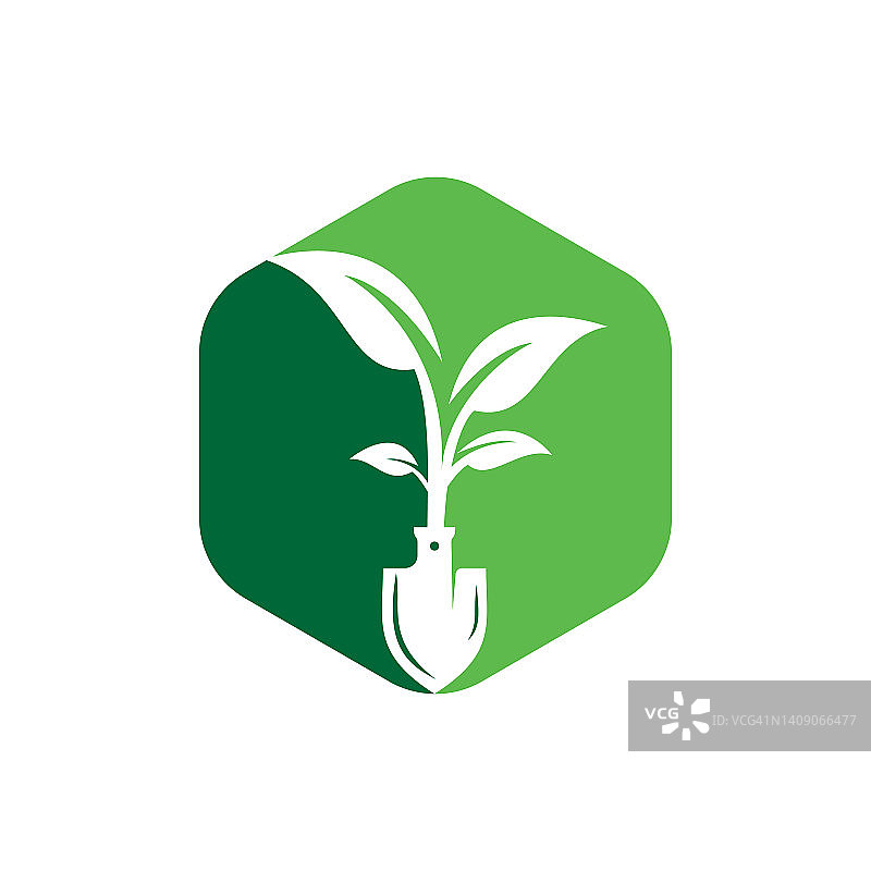 铲树矢量logo设计。绿色园林环境标志设计模板。图片素材