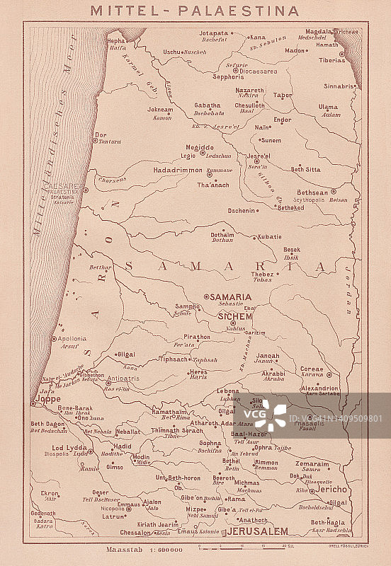 巴勒斯坦中部历史地图，平版，1891年出版图片素材