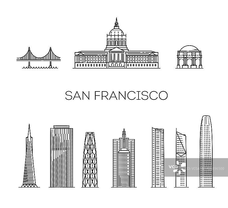 旧金山纪念碑的详细剪影。矢量图图片素材