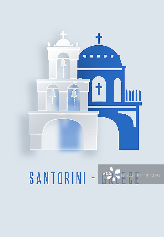 圣托里尼钟塔和希腊伊亚的蓝色圆顶在平面设计上的插图图片素材