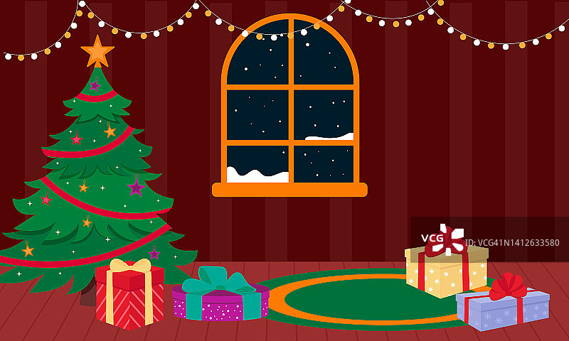 一棵挂满礼物的圣诞树放在一个窗户很暗的房间里。矢量图图片素材