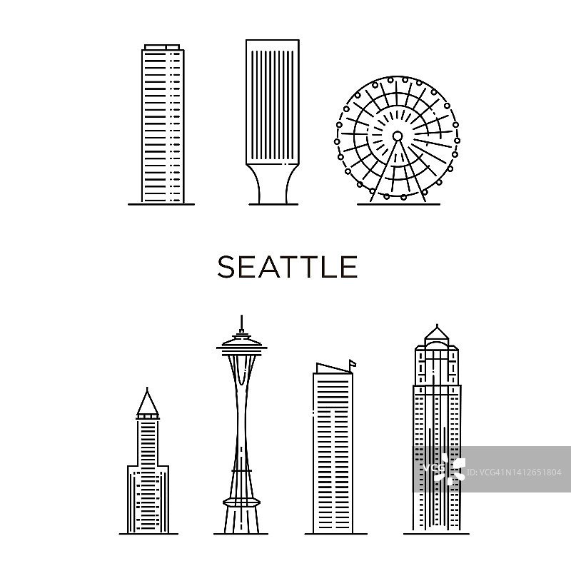 最小西雅图城市线性天际线。薄的风格图片素材