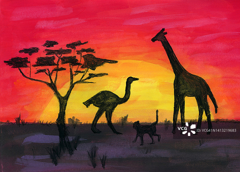 灵感来自非洲大草原日落的红色天空的水彩画图片素材