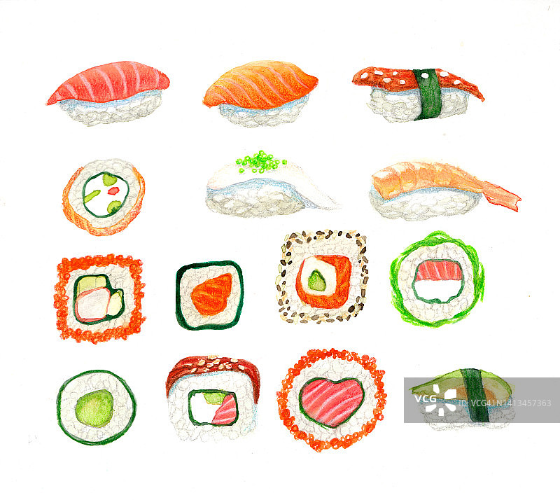 水彩寿司和卷套装图片素材