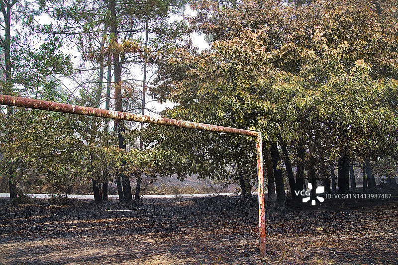 足球场被森林大火烧毁。图片素材