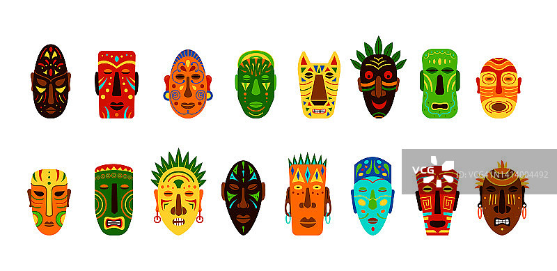 非洲部落的民族面具。非洲土著提基部落的面孔，祖鲁人的绘画，五颜六色的仪式形状。五彩缤纷的配饰，卡通平面元素。矢量偶像插图集图片素材