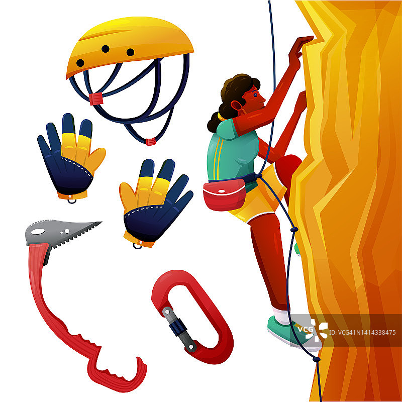 年轻的登山者与设备攀登专业卡通矢量图片素材