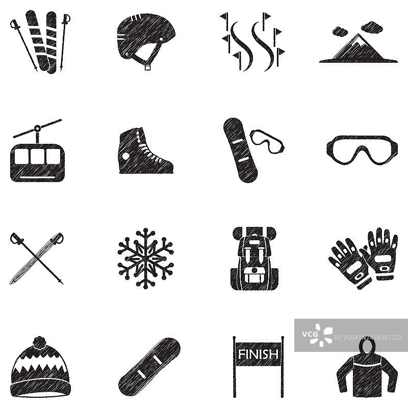 单板和滑雪图标。黑色涂鸦设计。矢量插图。图片素材