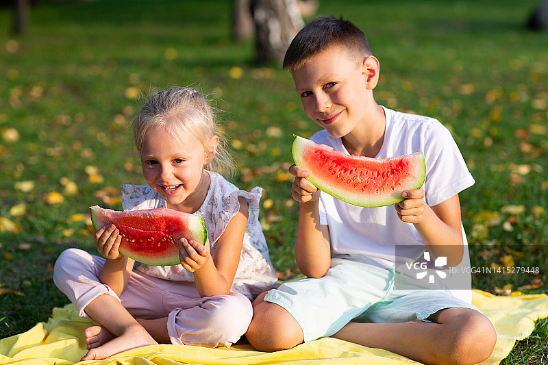 可爱的小男孩和小女孩在秋天公园草地上野餐，吃着多汁的西瓜图片素材