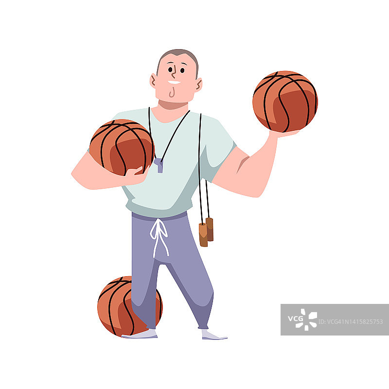 站着的体育老师手里拿着篮球，脖子上扁平地吹着口哨图片素材