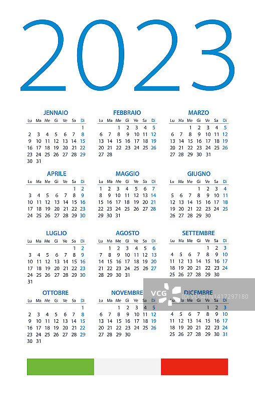 2023年日历-矢量插图。意大利语言版本。图片素材