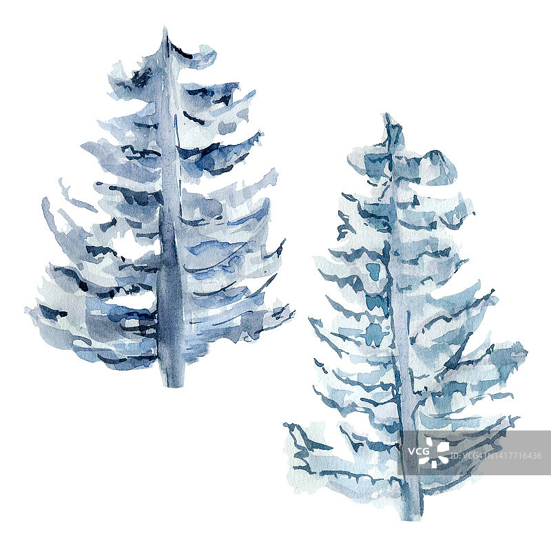 圣诞树水彩插图孤立在白色背景。图片素材