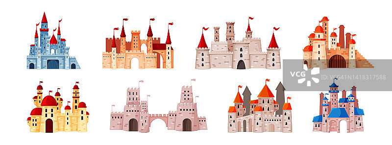 卡通宫殿和堡垒。古老的王国。童话建筑布景。国王的建筑。有桥或塔的城堡。中世纪的公主。骑士堡。矢量幻想房屋收藏图片素材