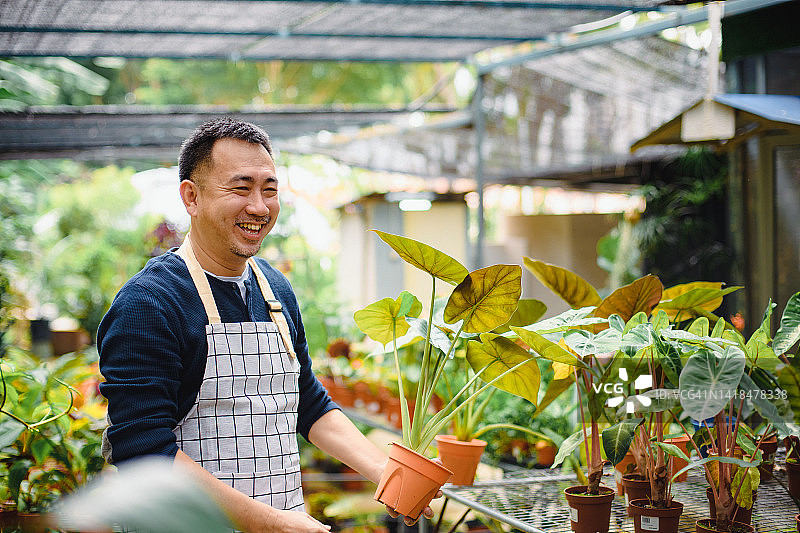 亚洲男性花店老板微笑着望向别处图片素材