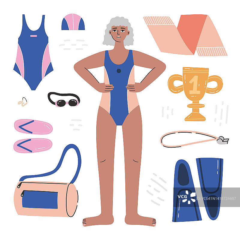 一个游泳运动员带着花样游泳装备的插图。图片素材