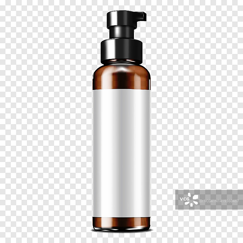 深棕色透明玻璃或塑料泵配药化妆品瓶与白色空白标签上透明背景逼真的模型。现实的向量模型。模板设计图片素材