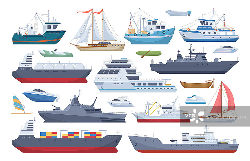 海上运输船，卡通船，游艇和摩托艇。旅游远洋游船，渔船和货运船平矢量插图收藏。水路运输组图片素材