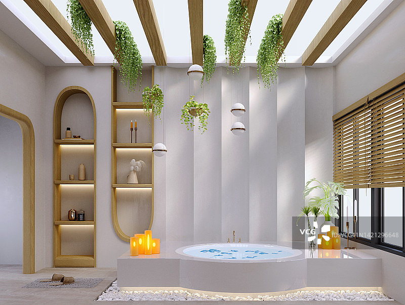 3d渲染，3d插画，室内场景和模型，现代浴室，浴缸，浴室木水槽和镜子，天花板上有一个天窗，大窗户，自然光进入房间。图片素材