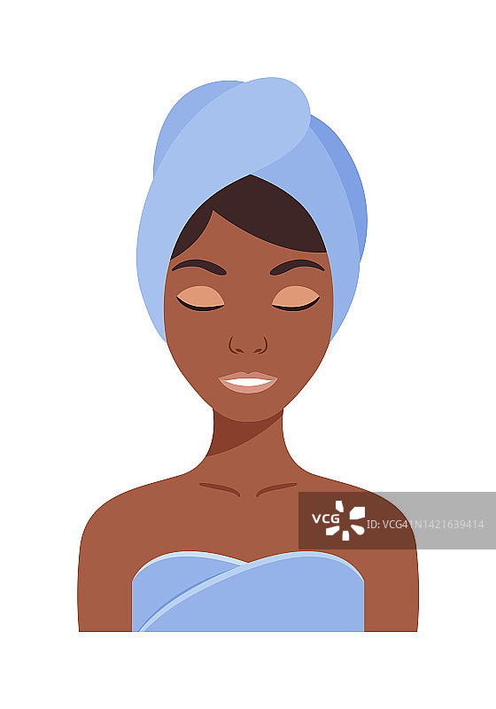 一个美丽的黑人妇女与一条毛巾在她的头上。脸上皮肤干净健康的女士。女人洗完澡后闭上眼睛。彩色卡通风格。白色背景。矢量插图。图片素材