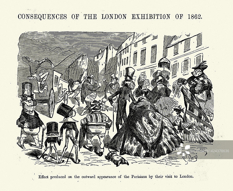 古斯塔夫·多雷的经典漫画，巴黎人参观伦敦，在1862年伦敦展览之后图片素材