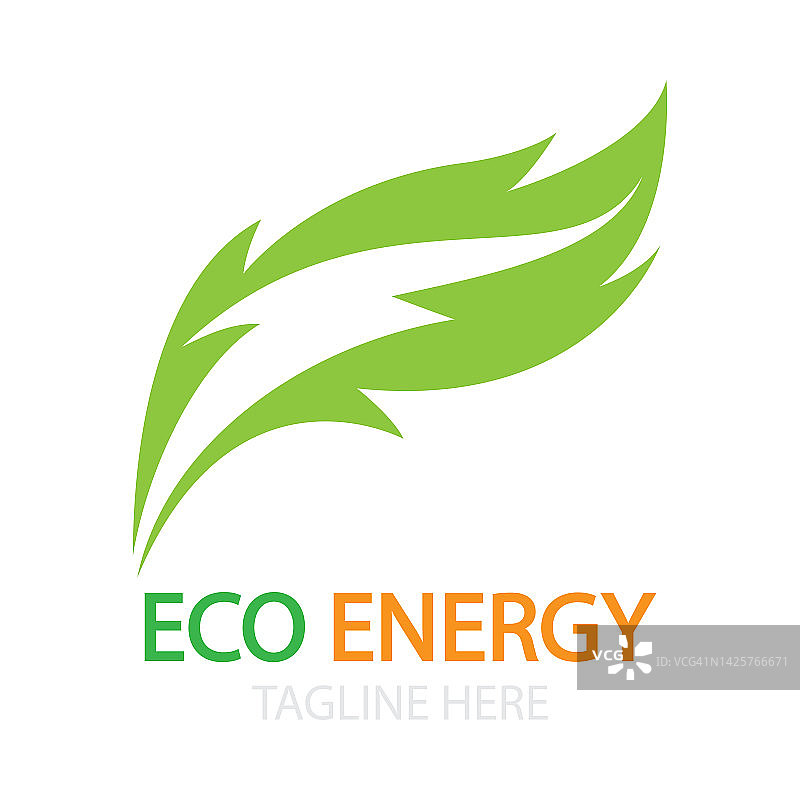 生态能源矢量标志与树叶符号。绿色带闪光或雷电图形。自然和电力可再生。这个标志适合于科技，回收，有机。图片素材