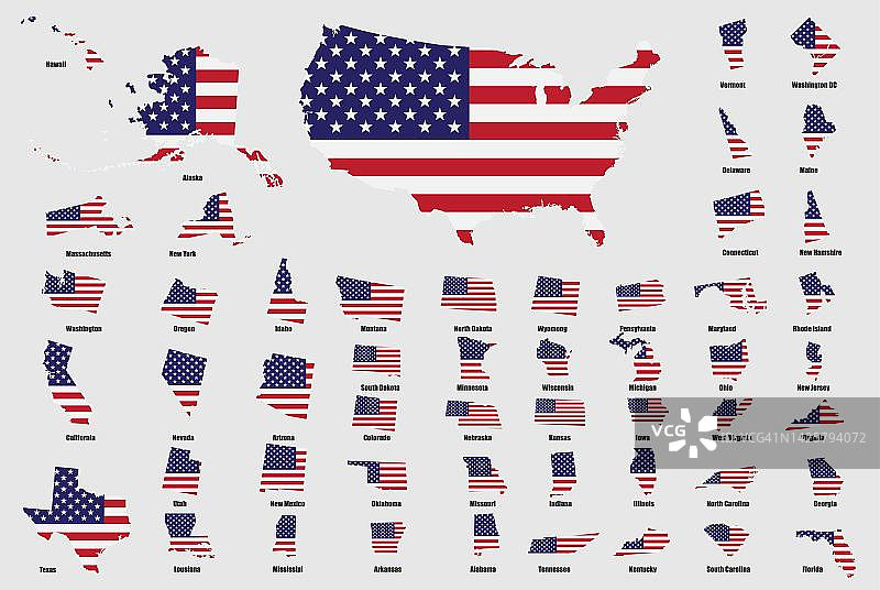 美国国旗上的各州地图。图片素材