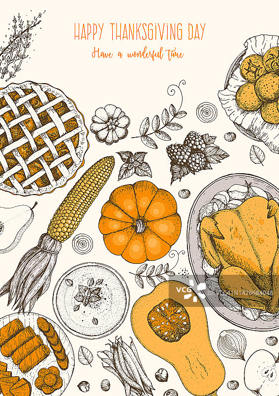 感恩节俯视图矢量插图。食品手绘草图。节日晚餐有火鸡和土豆，苹果派，蔬菜，水果和浆果。秋季粮食草图。雕刻的形象。图片素材