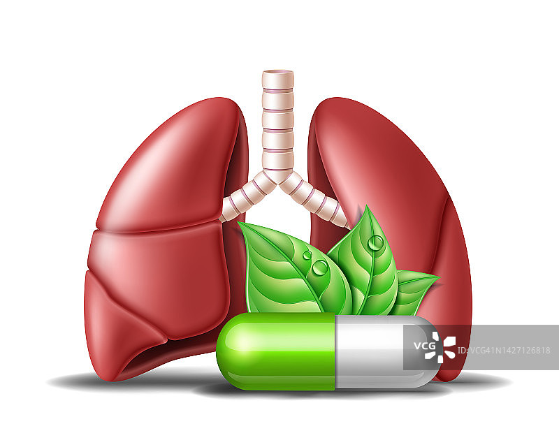 人肺医学治疗理念。说明用药丸和绿叶保护肺部图片素材