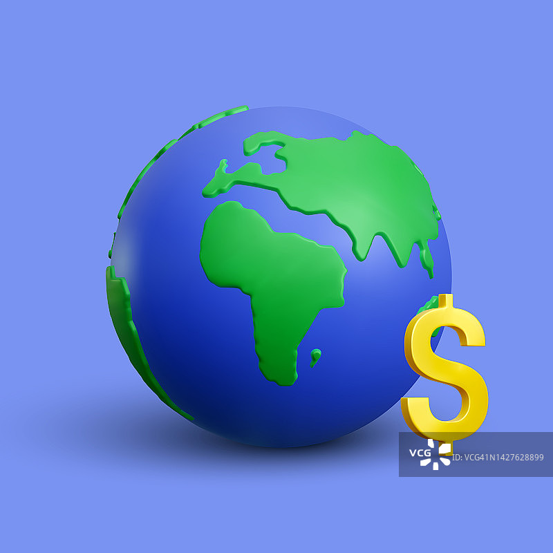 逼真的3d星球地球与美元标志在蓝色背景。矢量图图片素材