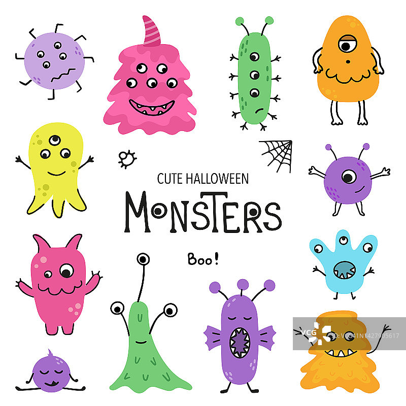 一大组卡通涂鸦细菌，病毒和细菌，怪物。万圣节快乐图片素材