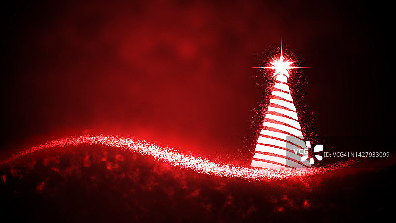 水平插画的创意深红色栗色背景与一个创意螺旋白色圣诞树与明亮的闪亮的星星在顶部，波浪图案或神奇的闪闪发光的swoosh在底部图片素材