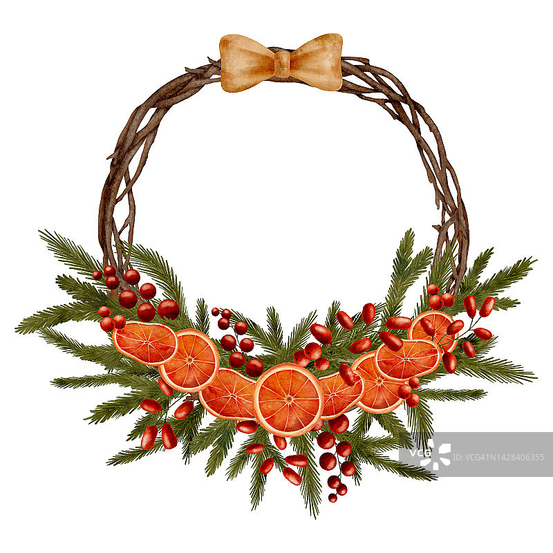 水彩圣诞花环冷杉枝，红色浆果，干橙片，丝带蝴蝶结孤立在白色背景。圆形木制柳条框架与云杉树枝。冬天边界为圣诞节。图片素材