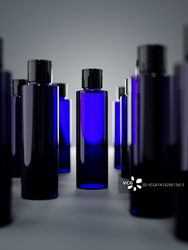 蓝色空塑料瓶3D渲染，组化妆容器图片素材