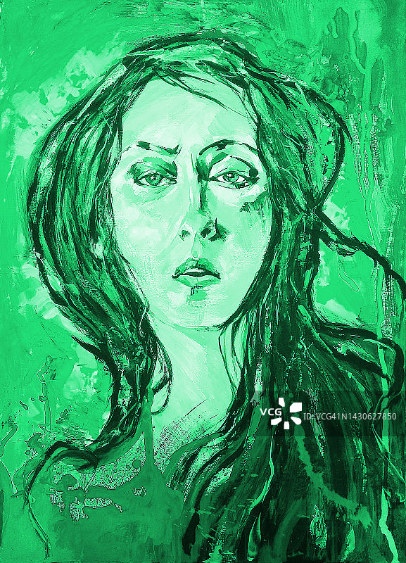 插图油画肖像的女人与飞翔的头发在明亮的对比背景在绿色色调图片素材