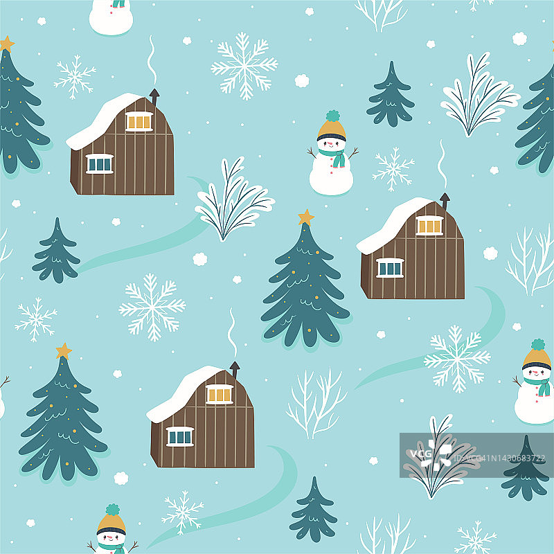 无缝冬季图案与房屋，树木，雪花和雪人。矢量图形。图片素材