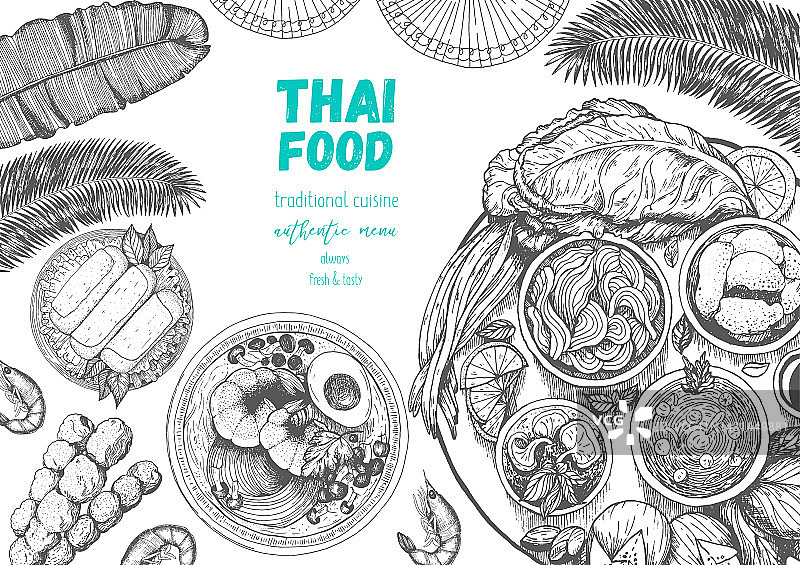 亚洲食物的背景。亚洲食品的海报。泰国菜菜单餐厅。泰国菜速写菜单。矢量插图。图片素材