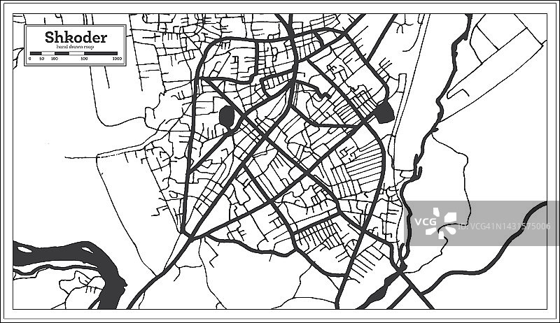 斯库德阿尔巴尼亚城市地图黑白相间，复古风格，孤立在白色上。图片素材