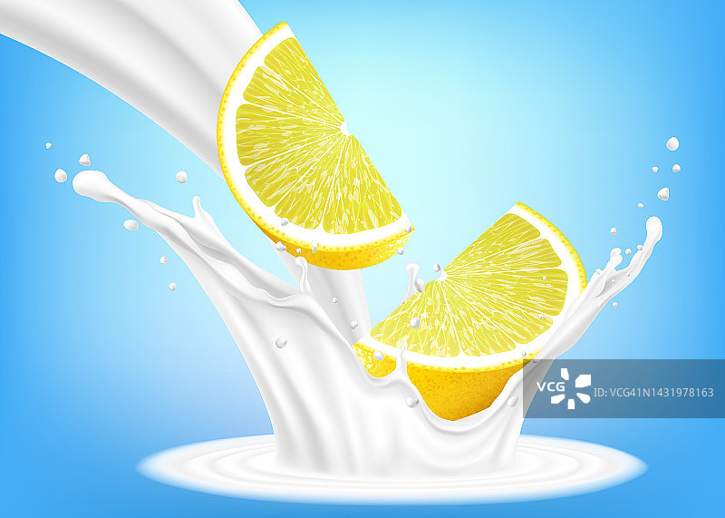 柠檬水果加牛奶或酸奶。新鲜的柠檬片落入牛奶中。包装设计的一个元素。现实的三维向量图片素材