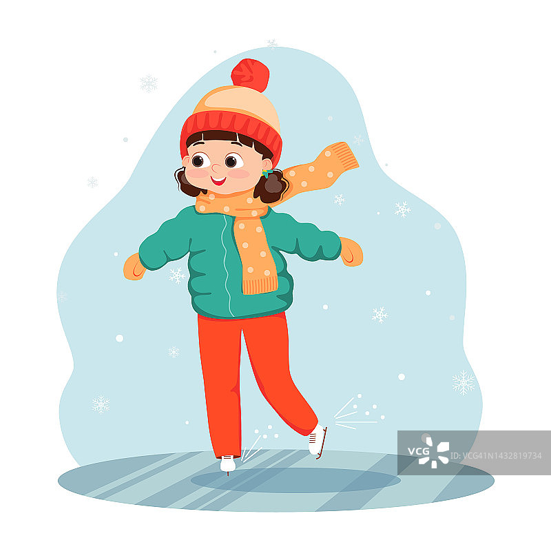 可爱的女孩正在滑冰。一个冬天的孩子戴着帽子和围巾在溜冰场滑冰。图片素材