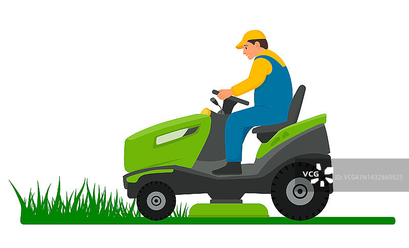 割草用的割草机。男人在割草机上修剪花园。拖拉机在田间行驶。园丁关心绿色。夏天园艺。农业方面的专业工作。设备。向量图片素材