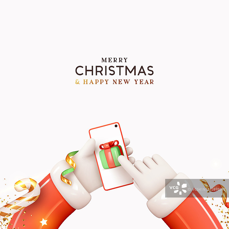 圣诞节的背景。圣诞老人手里拿着手机，智能手机又在屏幕上点击。逼真的3d礼盒，金色的彩纸。模仿圣诞设计的智能手机。矢量图图片素材