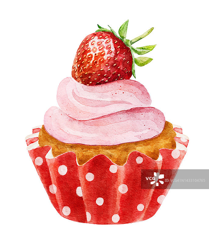 水彩美味的纸杯蛋糕与新鲜草莓孤立在白色的背景。图片素材