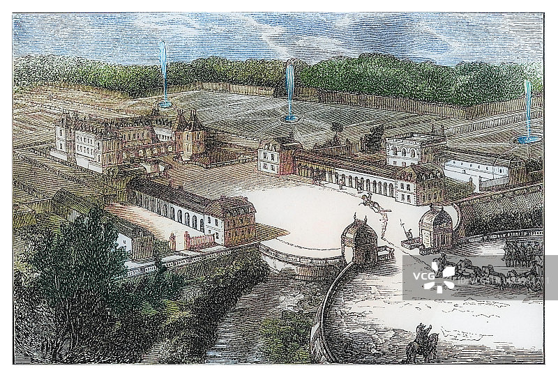 路易十四统治时期的法国凡尔赛宫和花园的古老雕刻插图图片素材