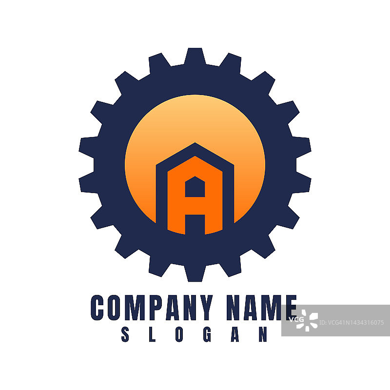 公司标志蓝色齿轮符号字母A橙色图片素材