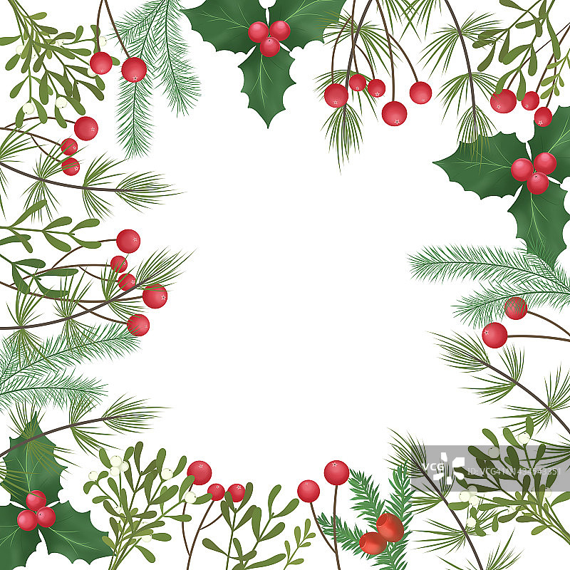 圣诞和冬天快乐广场卡水彩收藏。冬青浆果和松枝的香气图片素材